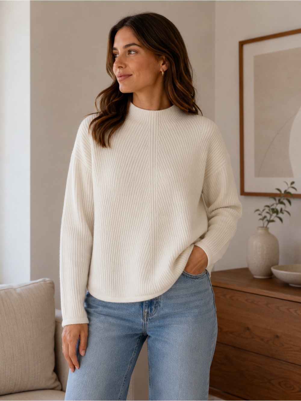 Babaton Ivory Ribbed Turtleneck Sweater